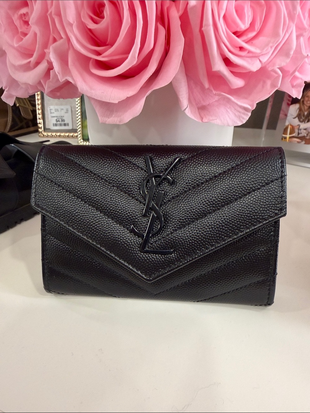 Saint Laurent Black Quilted Chevron Leather Wallet Clutch